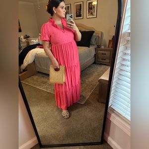 Crown & Ivy Fiery Pink Ruffle Neck Palm Tree Maxi XL
